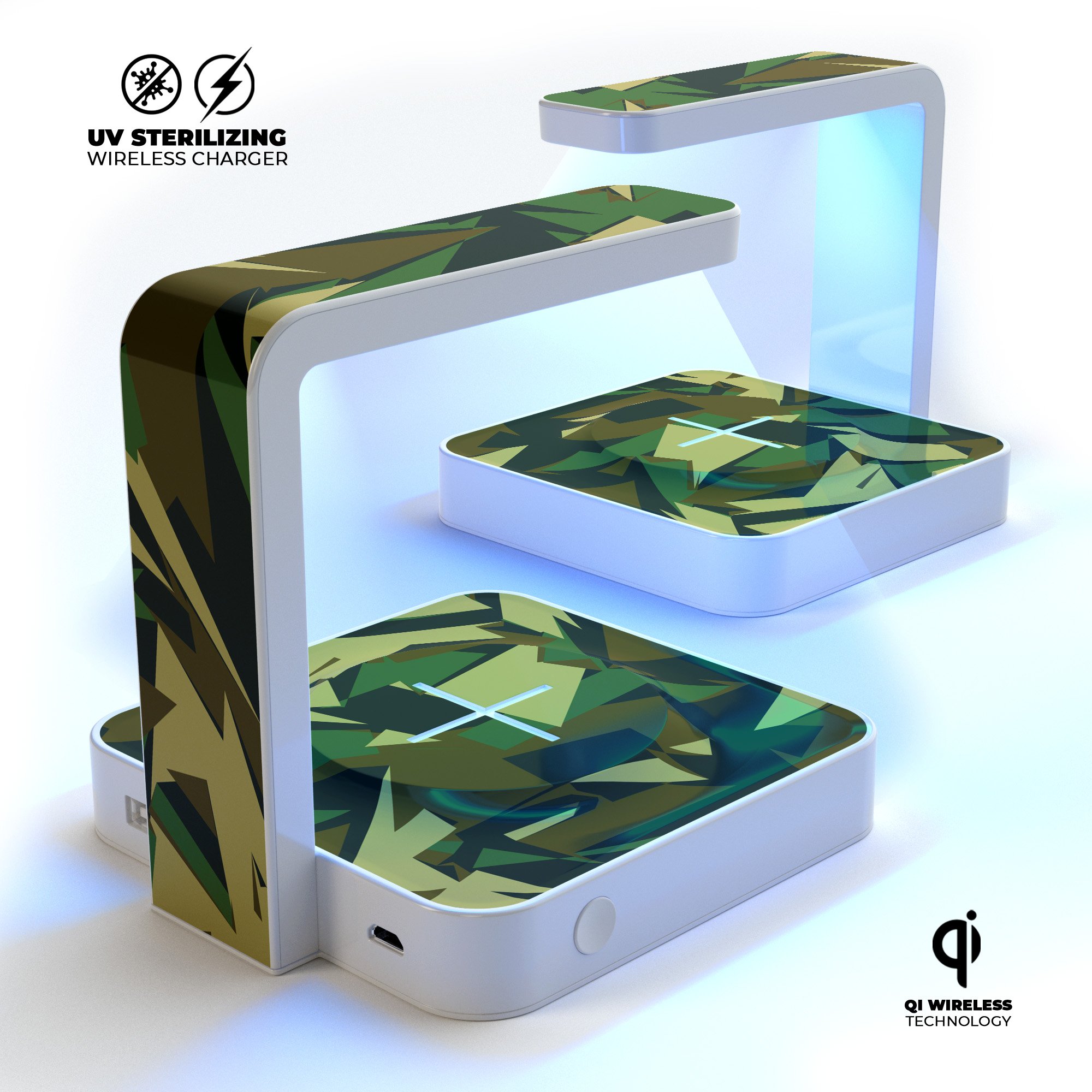 Vector Jagged Camouflage UV Germicidal Sanitizing Wireless Charger with phone on top, showcasing its sleek design and functionality.